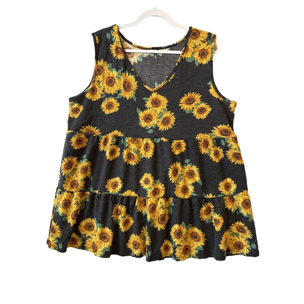 Heimish USA Sunflower Sleeveless Babydoll‎ Tunic Top Plus 3X Boho Summer Chic